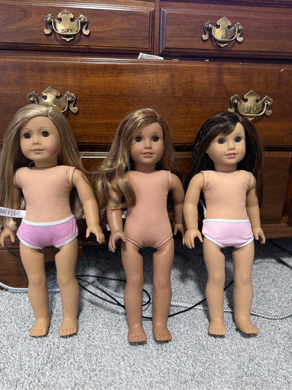 American Girl Trio of Dolls in Neutral Bodysuits with Pink Underwear